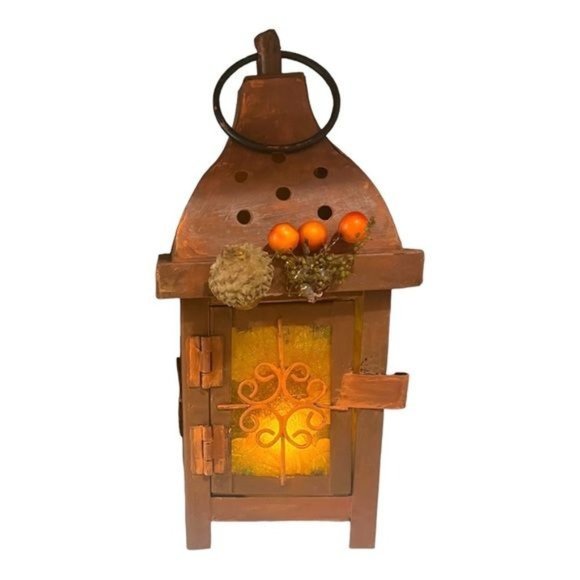 Decoupaged and Hand-Painted Candle Metal Lantern Candle Holder For Fall Decor - Picture 3 of 14